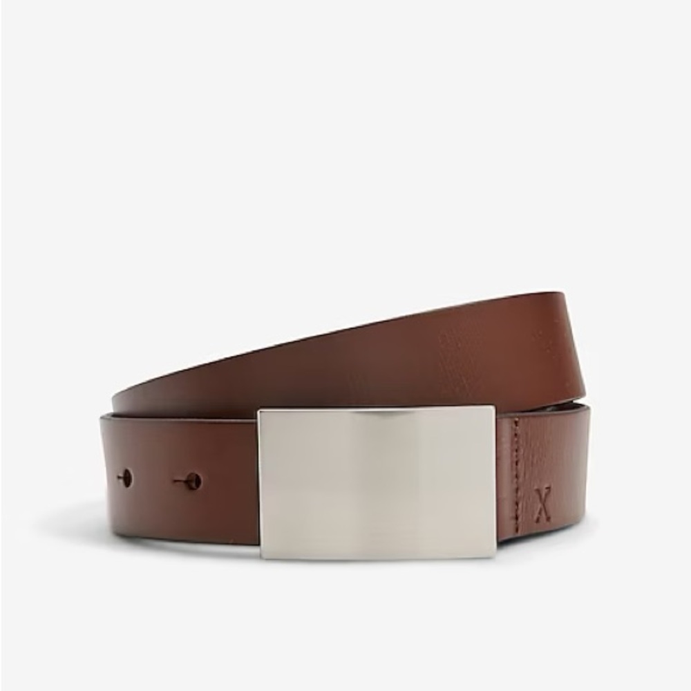 NWT Express Men’s Brown Leather Plaque Belt Silver Buckle